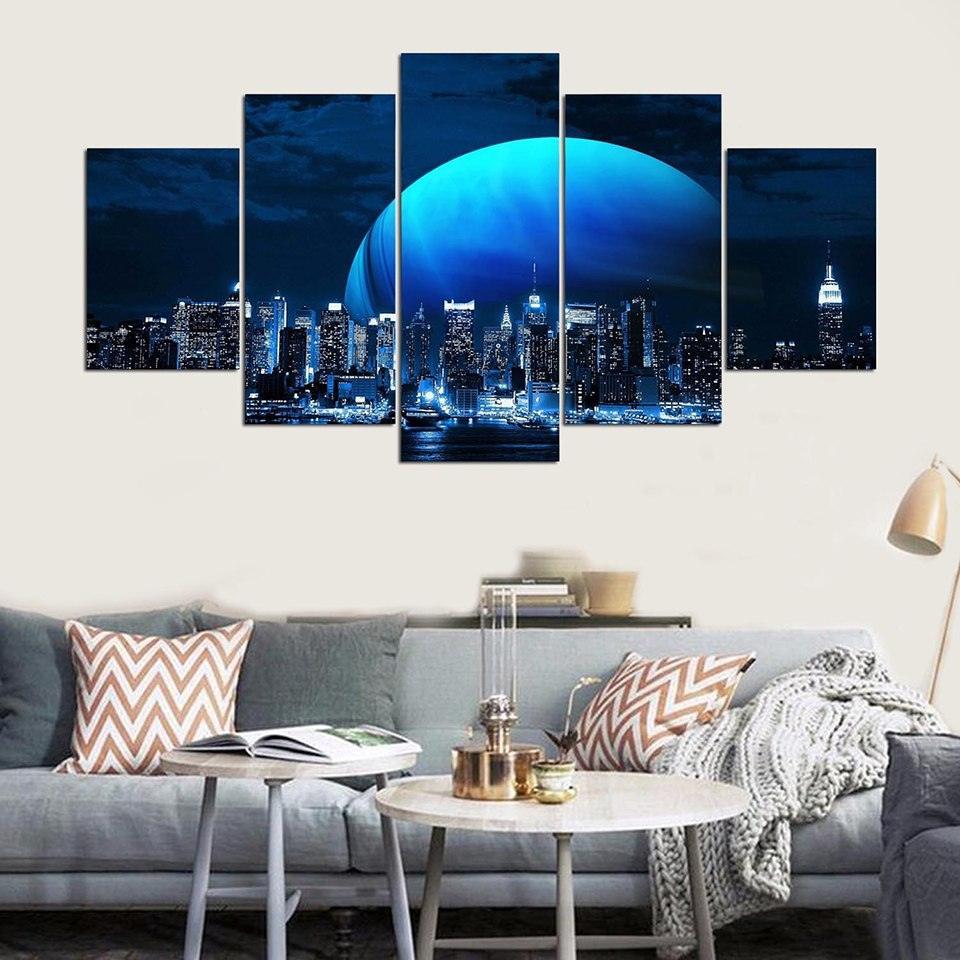 Moon And Skyline 5 Piece HD Multi Panel Canvas Wall Art Frame-Original Frame
