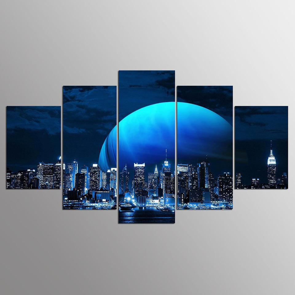 Moon And Skyline 5 Piece HD Multi Panel Canvas Wall Art Frame-Original Frame