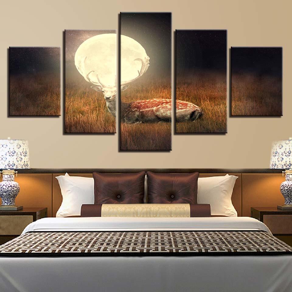 Deer Under Full Moon 5 Piece HD Multi Panel Canvas Wall Art Frame-Original Frame