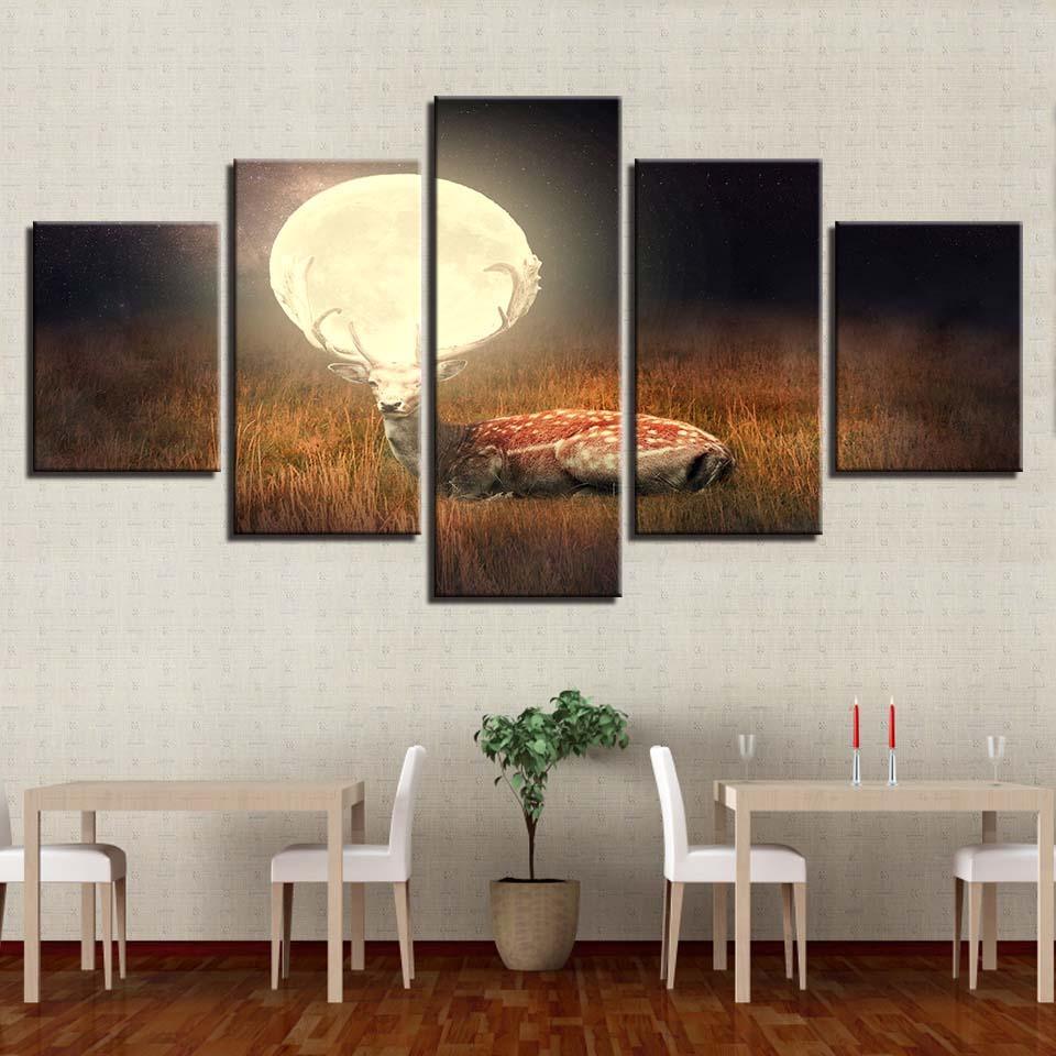 Deer Under Full Moon 5 Piece HD Multi Panel Canvas Wall Art Frame-Original Frame