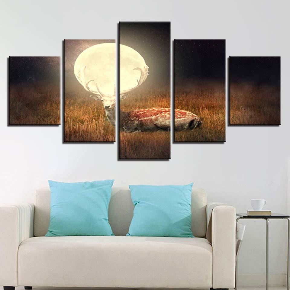 Deer Under Full Moon 5 Piece HD Multi Panel Canvas Wall Art Frame-Original Frame