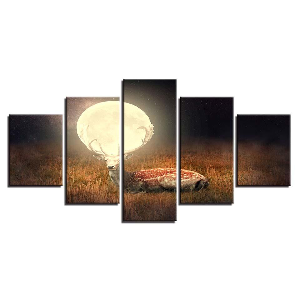 Deer Under Full Moon 5 Piece HD Multi Panel Canvas Wall Art Frame-Original Frame