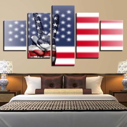 American Flag And Victory Hand Gesture 5 Piece HD Multi Panel Canvas Wall Art Frame-Original Frame