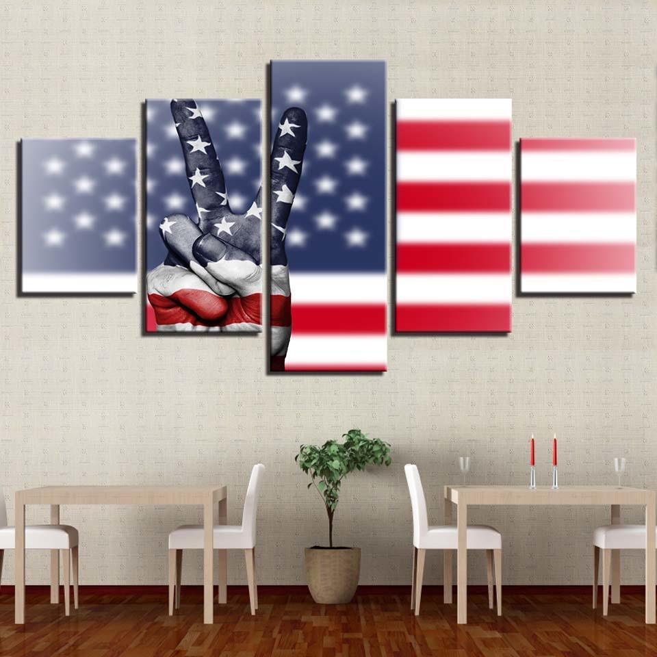 American Flag And Victory Hand Gesture 5 Piece HD Multi Panel Canvas Wall Art Frame-Original Frame