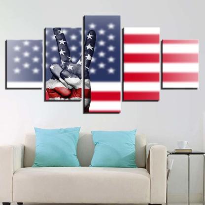 American Flag And Victory Hand Gesture 5 Piece HD Multi Panel Canvas Wall Art Frame-Original Frame