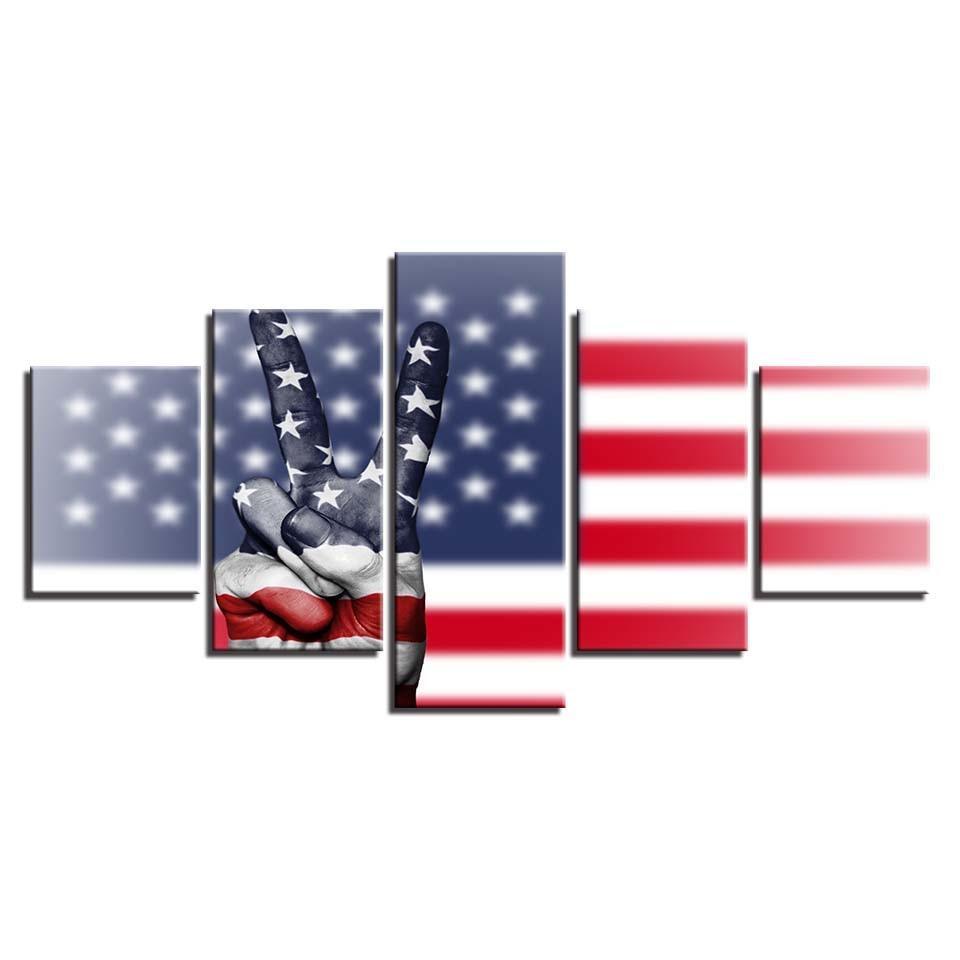 American Flag And Victory Hand Gesture 5 Piece HD Multi Panel Canvas Wall Art Frame-Original Frame