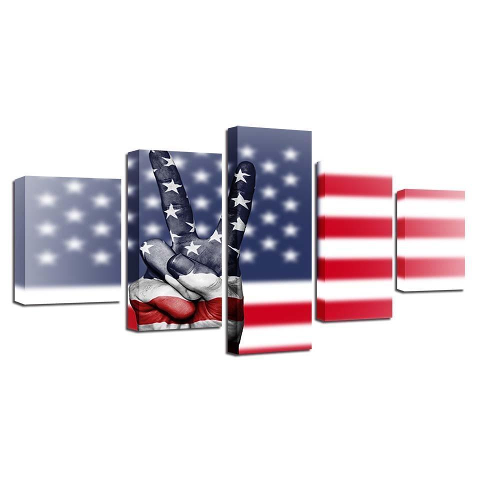 American Flag And Victory Hand Gesture 5 Piece HD Multi Panel Canvas Wall Art Frame-Original Frame