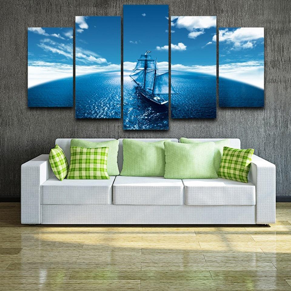 Sailboat Blue Seascape Abstract 5 Piece HD Multi Panel Canvas Wall Art Frame-Original Frame