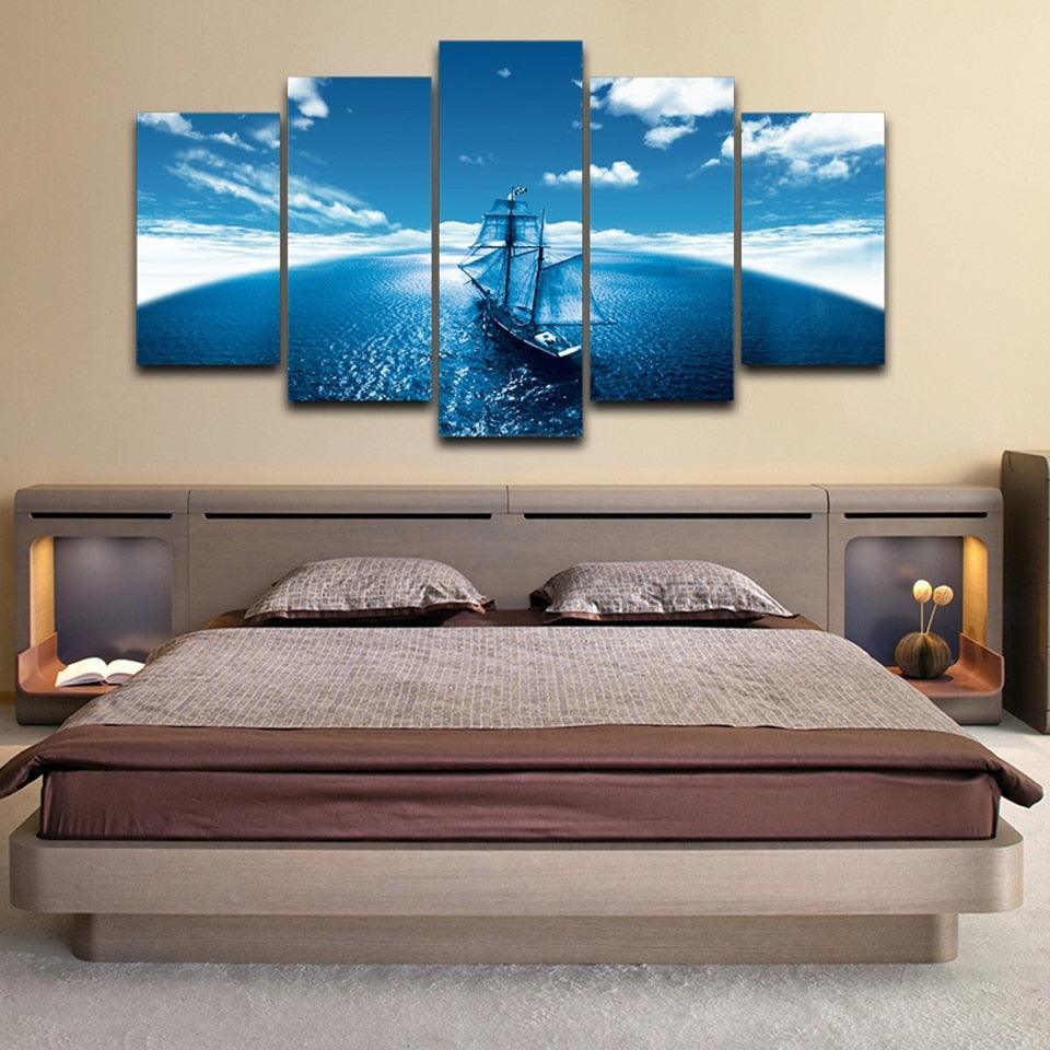 Sailboat Blue Seascape Abstract 5 Piece HD Multi Panel Canvas Wall Art Frame-Original Frame