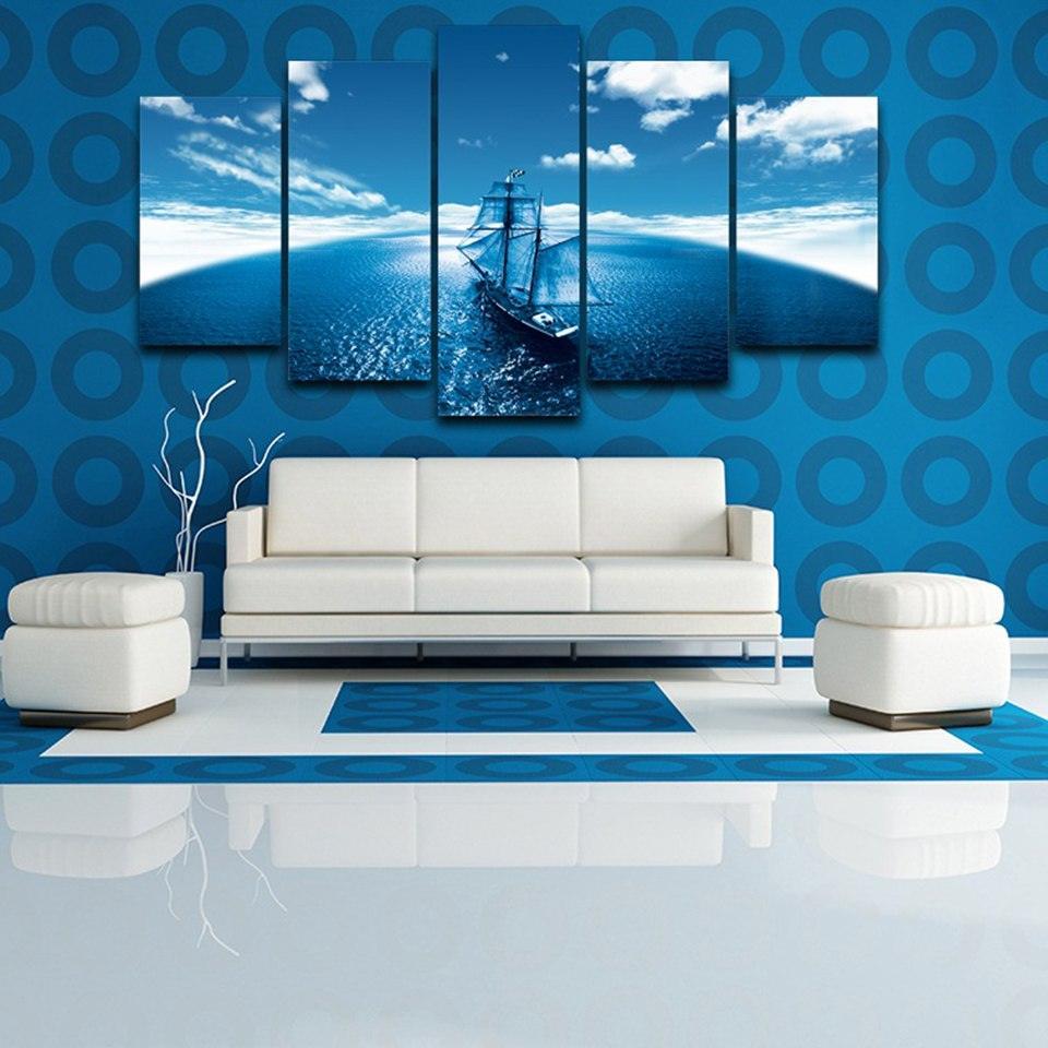 Sailboat Blue Seascape Abstract 5 Piece HD Multi Panel Canvas Wall Art Frame-Original Frame