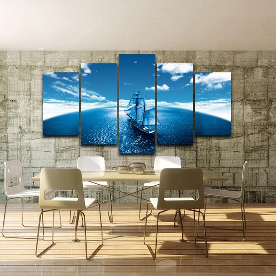Sailboat Blue Seascape Abstract 5 Piece HD Multi Panel Canvas Wall Art Frame-Original Frame