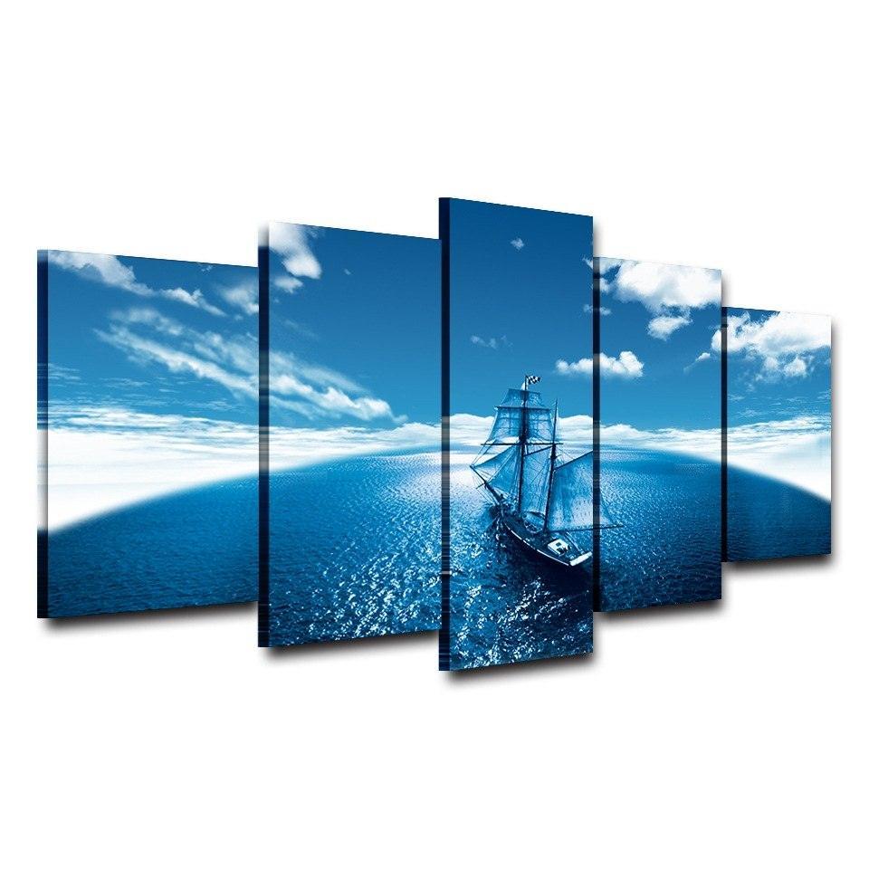 Sailboat Blue Seascape Abstract 5 Piece HD Multi Panel Canvas Wall Art Frame-Original Frame