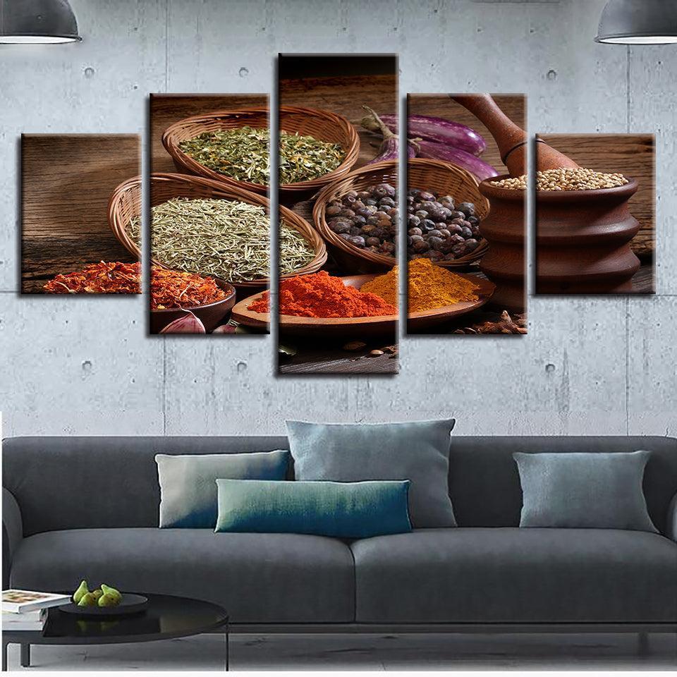 Grains Spices Seasoning 5 Piece HD Multi Panel Canvas Wall Art Frame-Original Frame