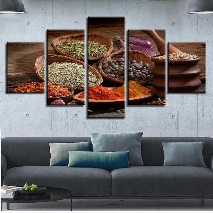 Grains Spices Seasoning 5 Piece HD Multi Panel Canvas Wall Art Frame-Original Frame