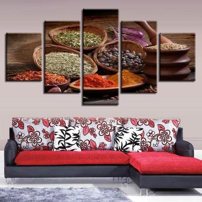 Grains Spices Seasoning 5 Piece HD Multi Panel Canvas Wall Art Frame-Original Frame