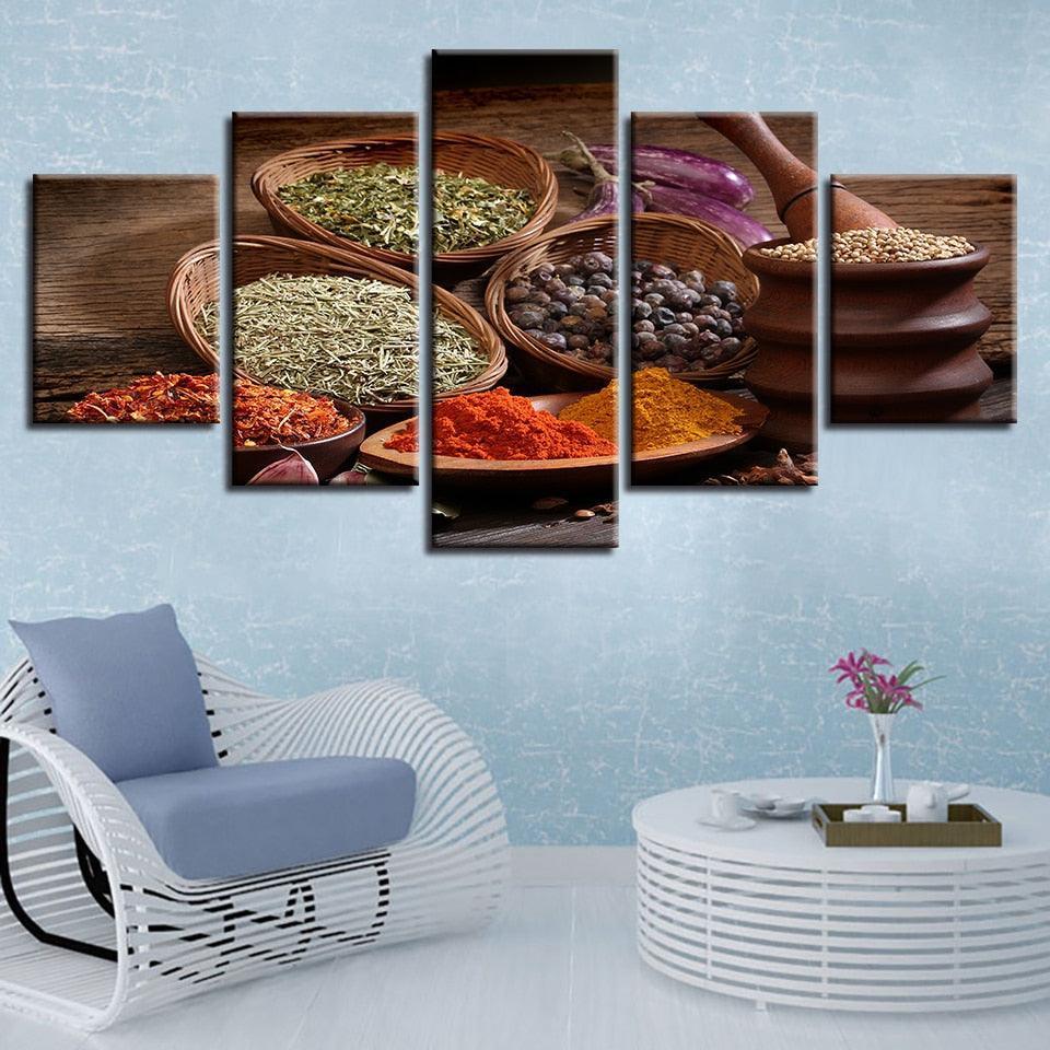 Grains Spices Seasoning 5 Piece HD Multi Panel Canvas Wall Art Frame-Original Frame