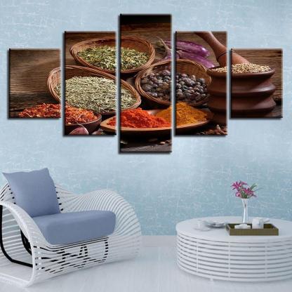 Grains Spices Seasoning 5 Piece HD Multi Panel Canvas Wall Art Frame-Original Frame