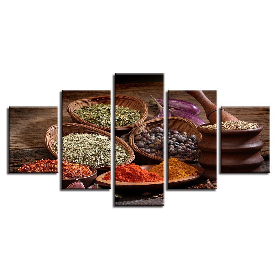 Grains Spices Seasoning 5 Piece HD Multi Panel Canvas Wall Art Frame-Original Frame
