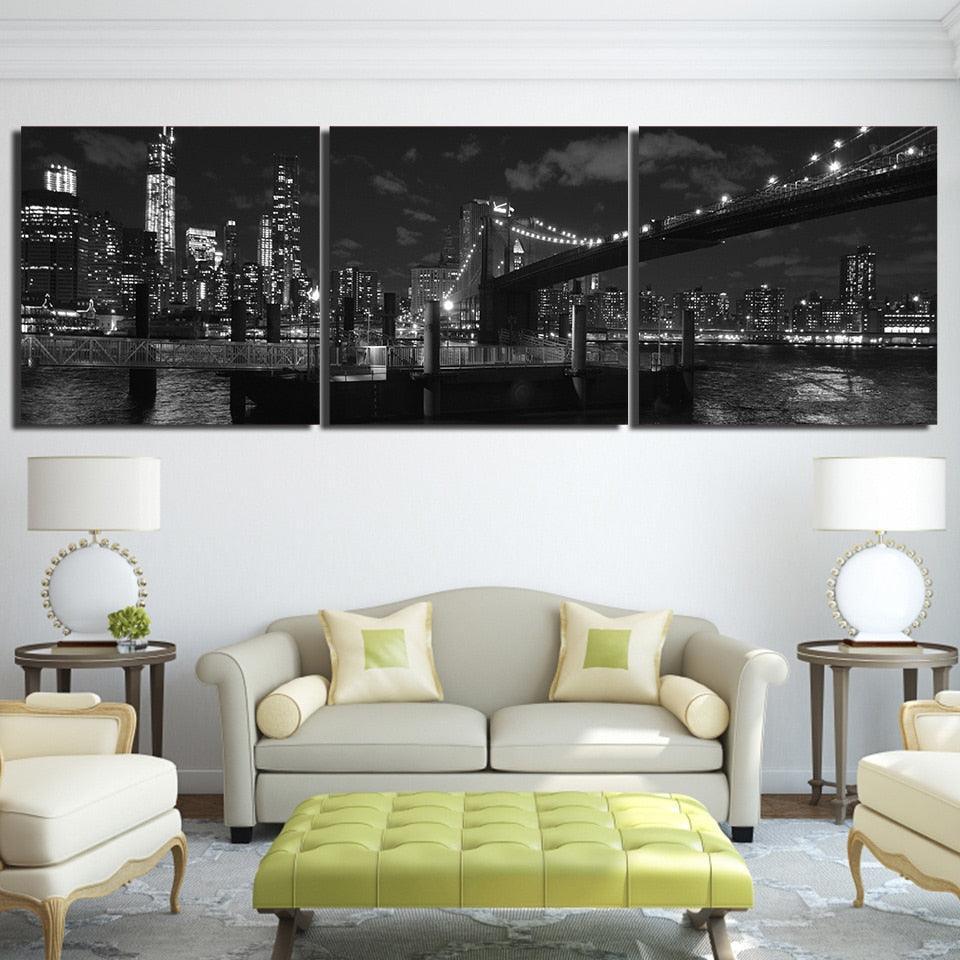 Brooklyn Bridge 3 Piece HD Multi Panel Canvas Wall Art Frame-Original Frame