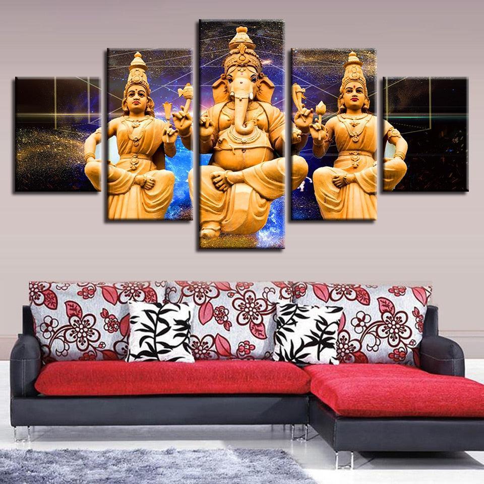 Combined Lord Ganesha 5 Piece HD Multi Panel Canvas Wall Art Frame-Original Frame