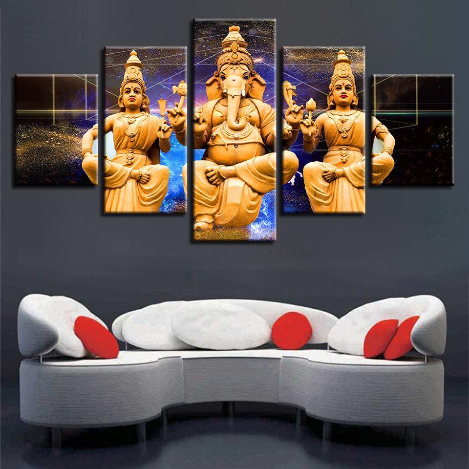 Combined Lord Ganesha 5 Piece HD Multi Panel Canvas Wall Art Frame-Original Frame