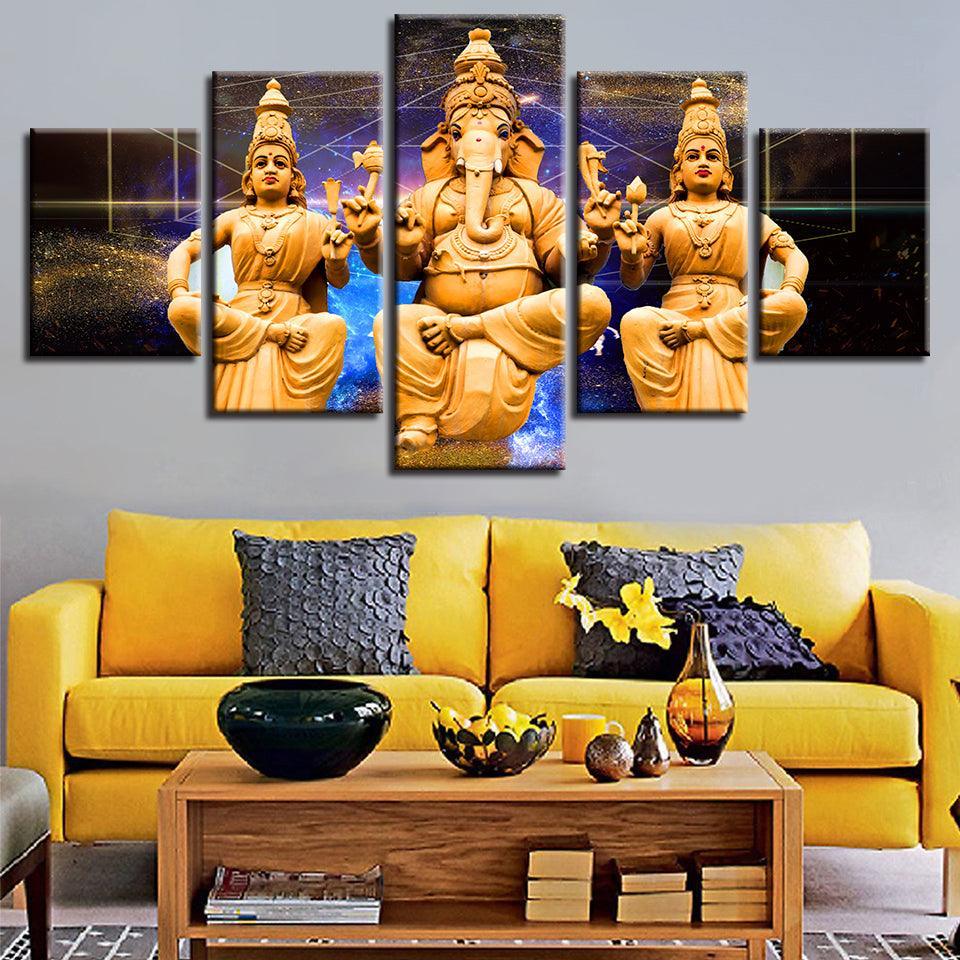 Combined Lord Ganesha 5 Piece HD Multi Panel Canvas Wall Art Frame-Original Frame