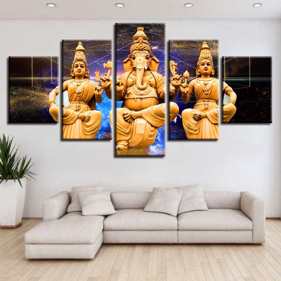 Combined Lord Ganesha 5 Piece HD Multi Panel Canvas Wall Art Frame-Original Frame