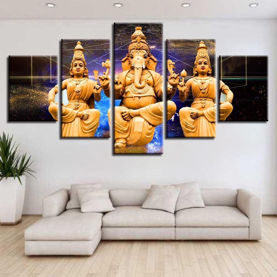 Combined Lord Ganesha 5 Piece HD Multi Panel Canvas Wall Art Frame-Original Frame