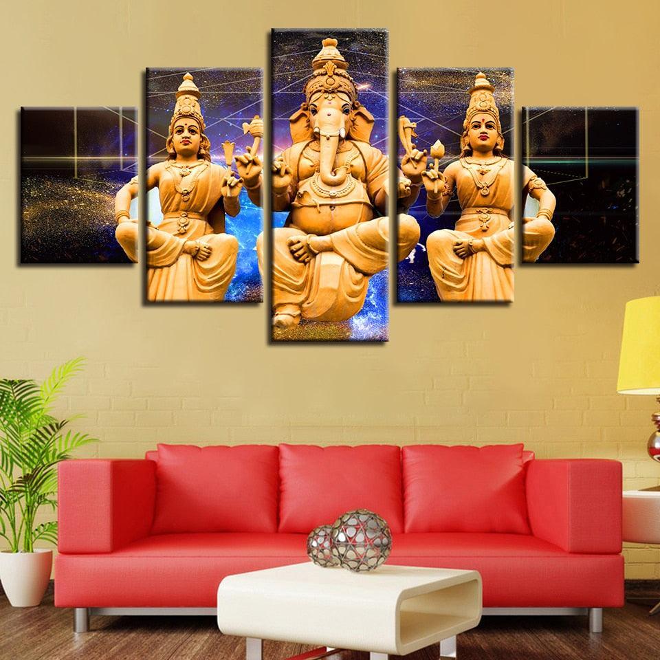 Combined Lord Ganesha 5 Piece HD Multi Panel Canvas Wall Art Frame-Original Frame