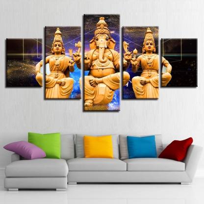 Combined Lord Ganesha 5 Piece HD Multi Panel Canvas Wall Art Frame-Original Frame