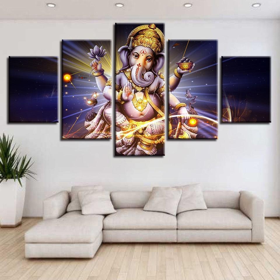 Lord Ganesha 5 Piece HD Classical Multi Panel Canvas Wall Art Frame-Original Frame