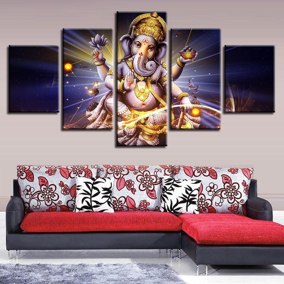 Lord Ganesha 5 Piece HD Classical Multi Panel Canvas Wall Art Frame-Original Frame
