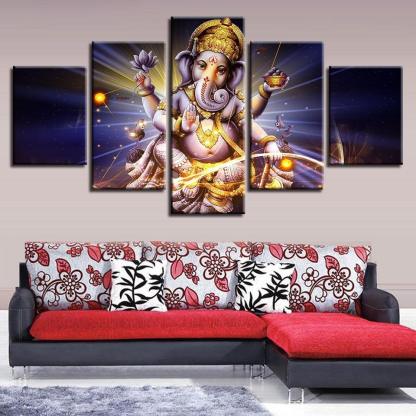 Lord Ganesha 5 Piece HD Classical Multi Panel Canvas Wall Art Frame-Original Frame