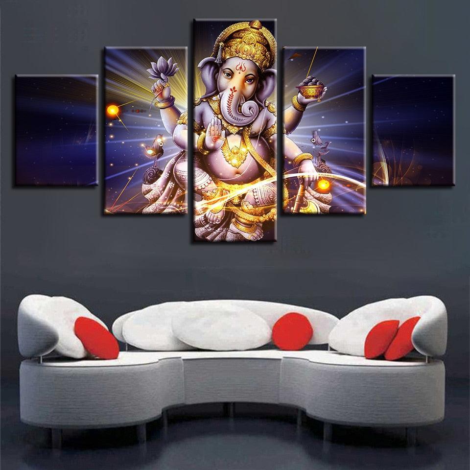 Lord Ganesha 5 Piece HD Classical Multi Panel Canvas Wall Art Frame-Original Frame