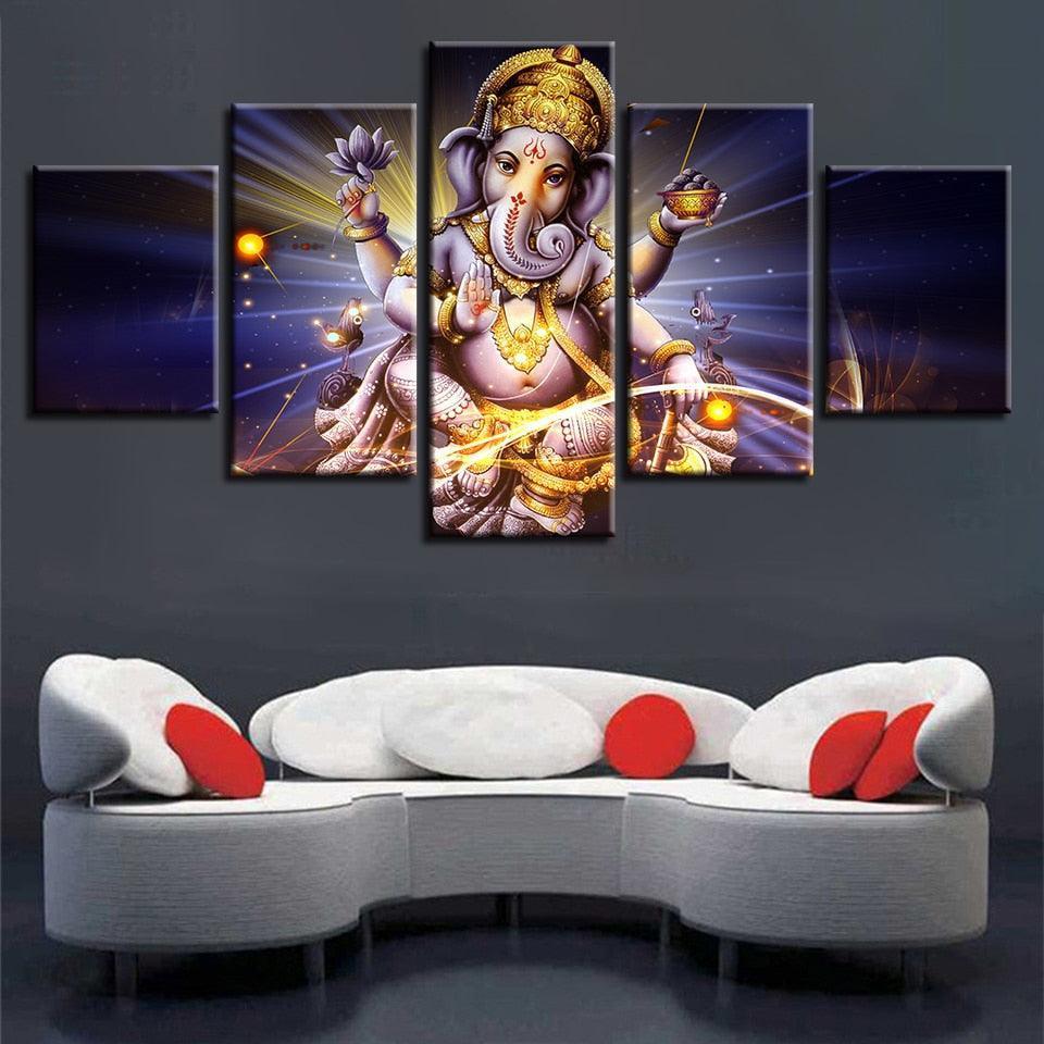 Lord Ganesha 5 Piece HD Classical Multi Panel Canvas Wall Art Frame-Original Frame