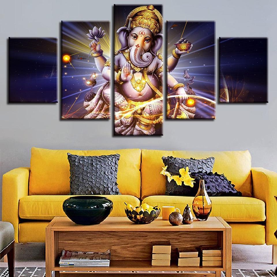 Lord Ganesha 5 Piece HD Classical Multi Panel Canvas Wall Art Frame-Original Frame