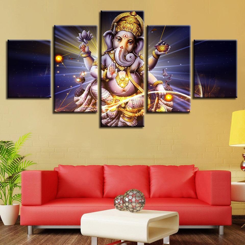 Lord Ganesha 5 Piece HD Classical Multi Panel Canvas Wall Art Frame-Original Frame