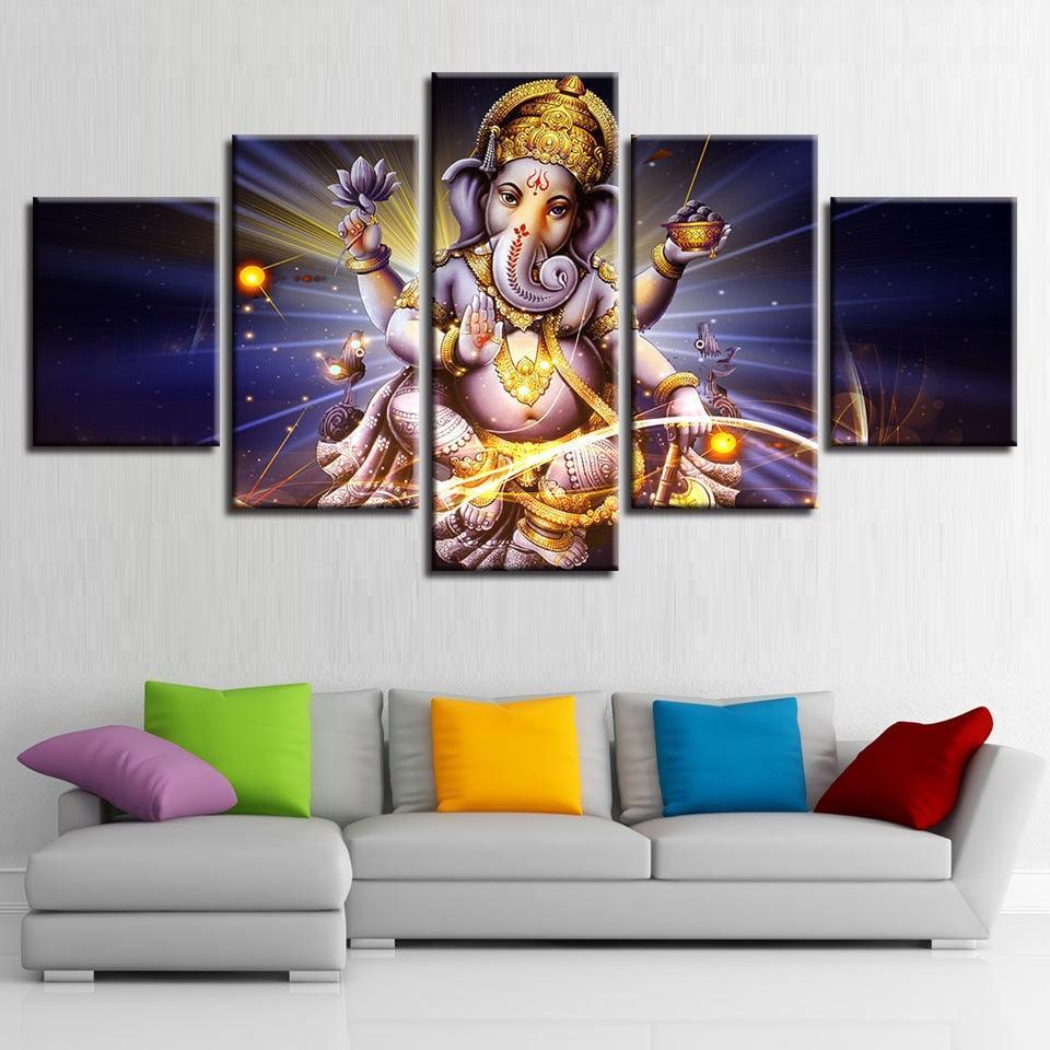 Lord Ganesha 5 Piece HD Classical Multi Panel Canvas Wall Art Frame-Original Frame