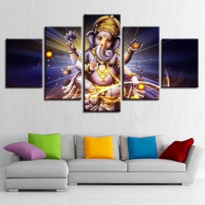 Lord Ganesha 5 Piece HD Classical Multi Panel Canvas Wall Art Frame-Original Frame