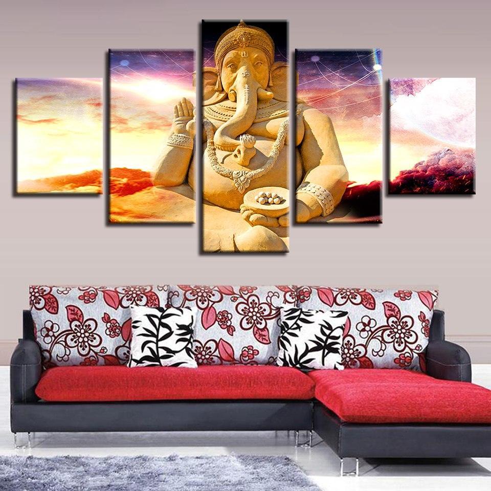 Vibrant Ganesha 5 Piece HD Multi Panel Canvas Wall Art Frame-Original Frame