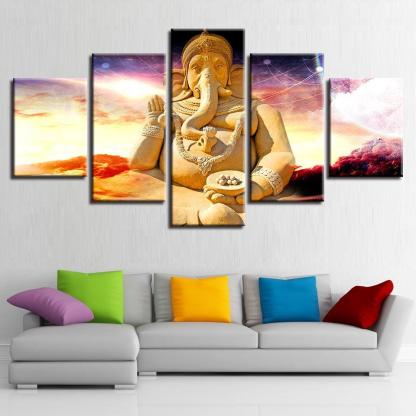 Vibrant Ganesha 5 Piece HD Multi Panel Canvas Wall Art Frame-Original Frame
