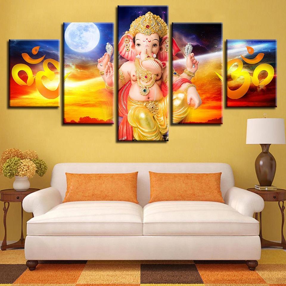 Lord Ganesha Classical 5 Piece HD Multi Panel Canvas Wall Art Frame-Original Frame