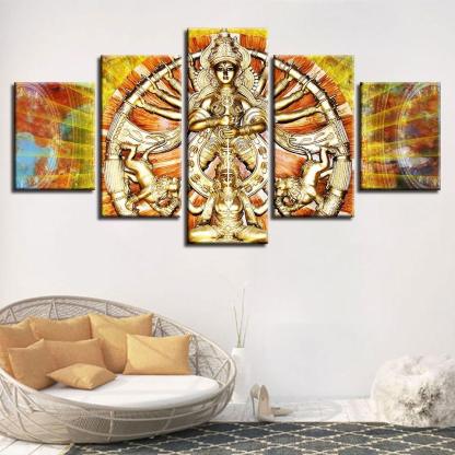 Hindu Goddess Durga 5 Piece HD Multi Panel Canvas Wall Art Frame-Original Frame