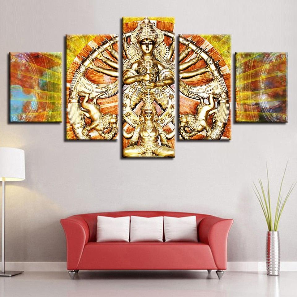 Hindu Goddess Durga 5 Piece HD Multi Panel Canvas Wall Art Frame-Original Frame