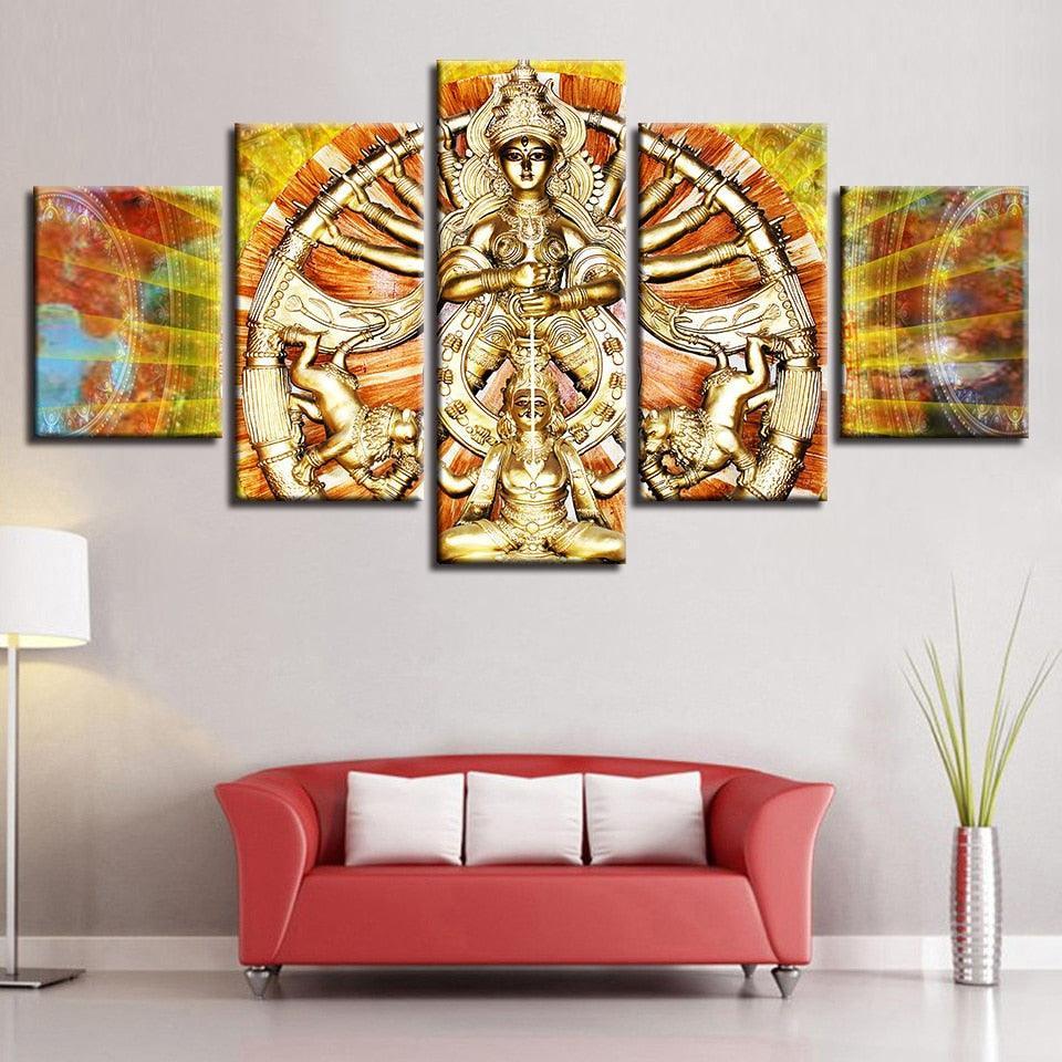 Hindu Goddess Durga 5 Piece HD Multi Panel Canvas Wall Art Frame-Original Frame