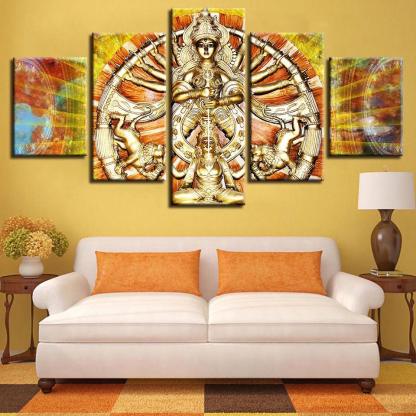 Hindu Goddess Durga 5 Piece HD Multi Panel Canvas Wall Art Frame-Original Frame