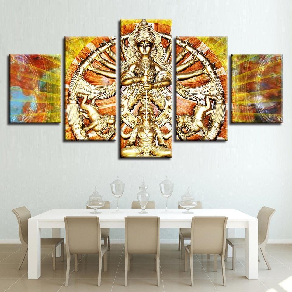 Hindu Goddess Durga 5 Piece HD Multi Panel Canvas Wall Art Frame-Original Frame