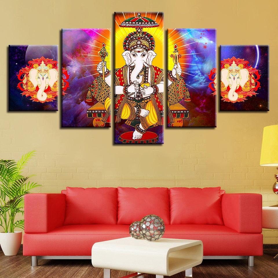 Lord Ganesha 5 Piece HD Multi Panel UV Canvas Wall Art Frame-Original Frame