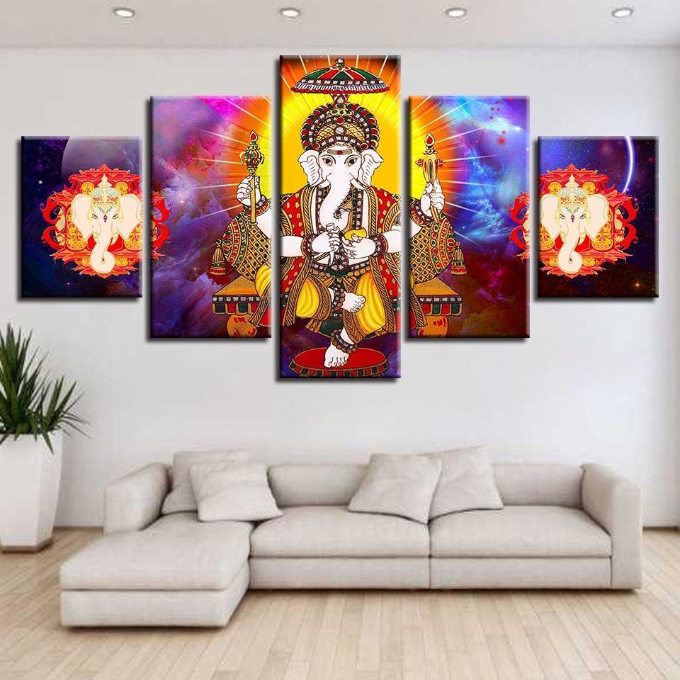 Lord Ganesha 5 Piece HD Multi Panel UV Canvas Wall Art Frame-Original Frame