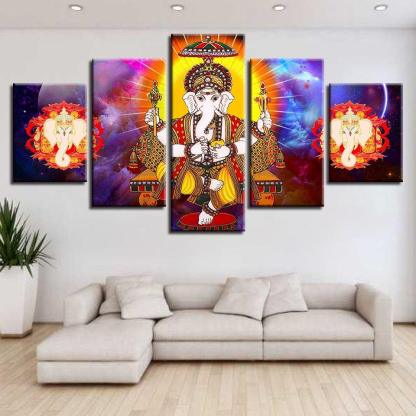 Lord Ganesha 5 Piece HD Multi Panel UV Canvas Wall Art Frame-Original Frame